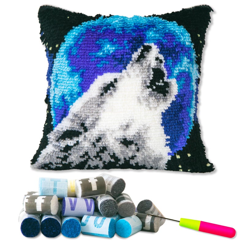 LAPATAIN Latch Hook Kits for DIY Throw Pillow Cover,Needlework Cushion Cover Hand Craft Crochet for Great Family 17X17inch Wolf(Moon) - Image 1